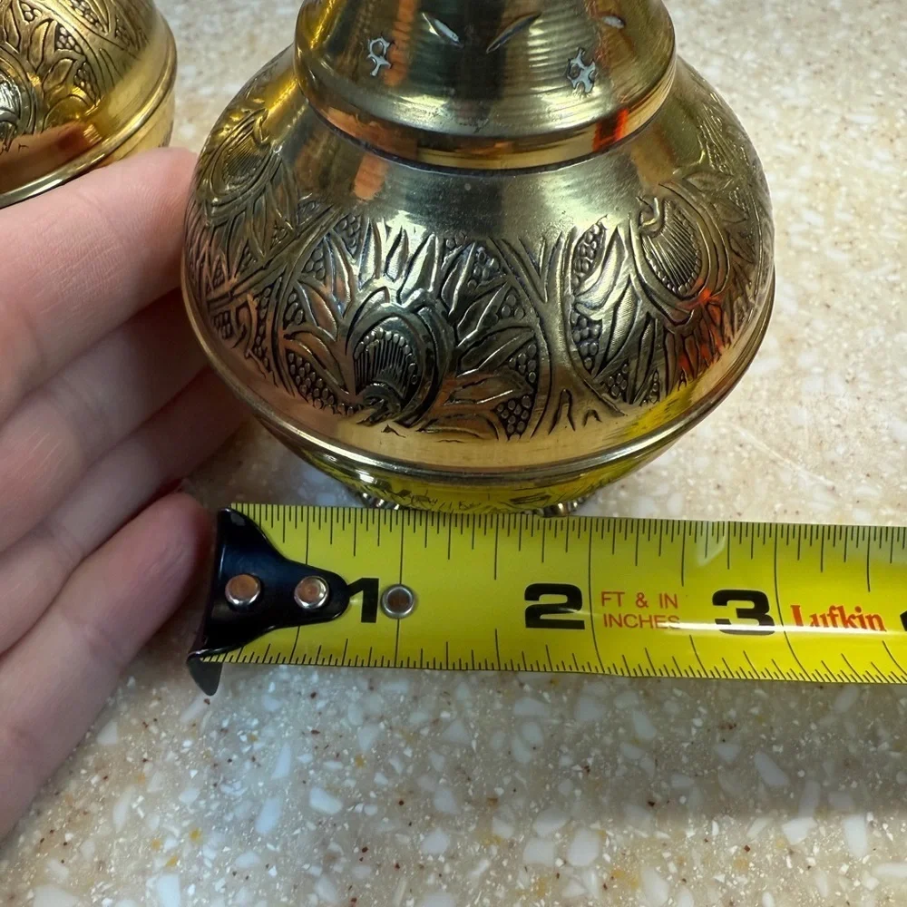 Vintage Gold Tone Brass Etchied Jerusalem Israel Pitchers Set of 2 Small Pourer